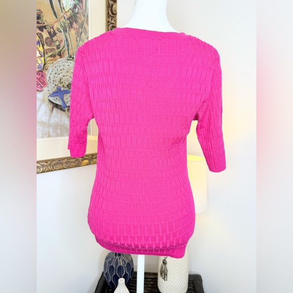 Elie Tahari Women’s Sweater Large Hot Pink Textured Knit Short Sleeve Top - Picture 6 of 9
